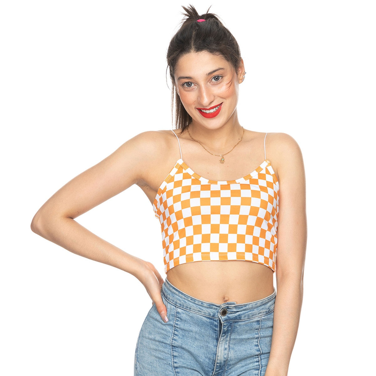  Skinny Strap Checkerboard Crop Tank